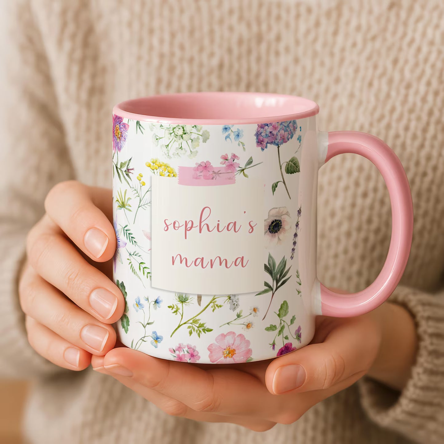 Personalized Mama Mug with Child Name – Floral Pink Coffee Mug, Custom Mother’s Day Gift for Mom
