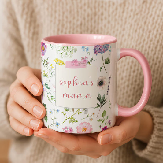 Personalized Mama Mug with Child Name – Floral Pink Coffee Mug, Custom Mother’s Day Gift for Mom