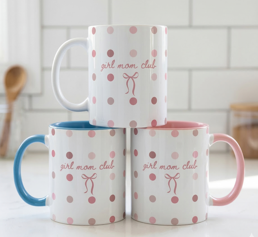 Girl Mom Club Mug – Polka Dot Bow Coffee Mug for Moms