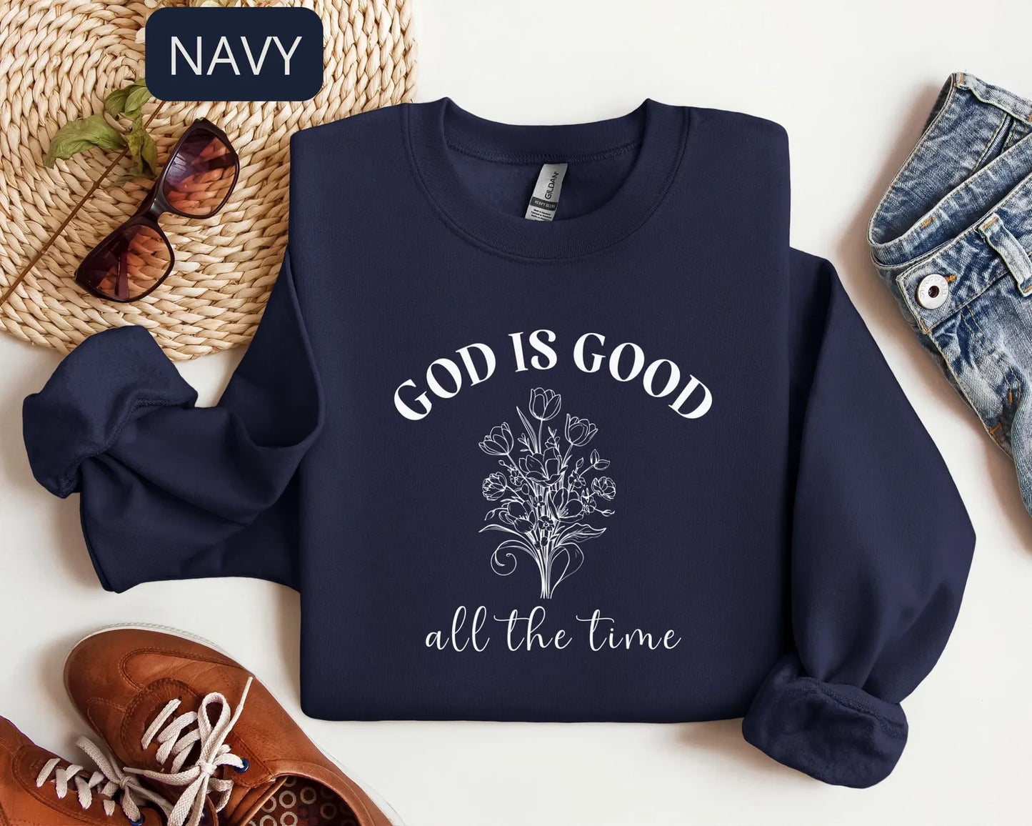 God Is Good Floral Script Sweatshirt – Minimalist Faith Typography Religious Crewneck