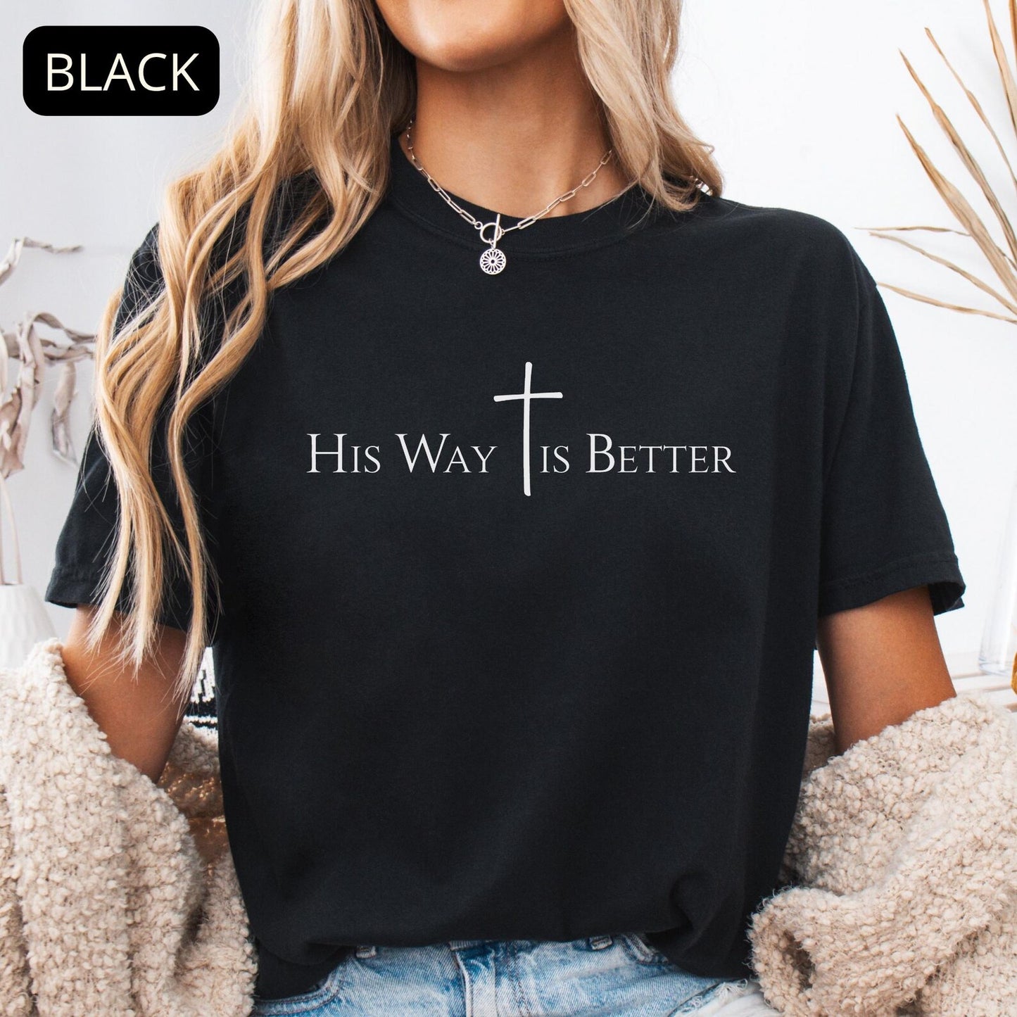 Minimalist faith based t-shirt for women with cross and typography