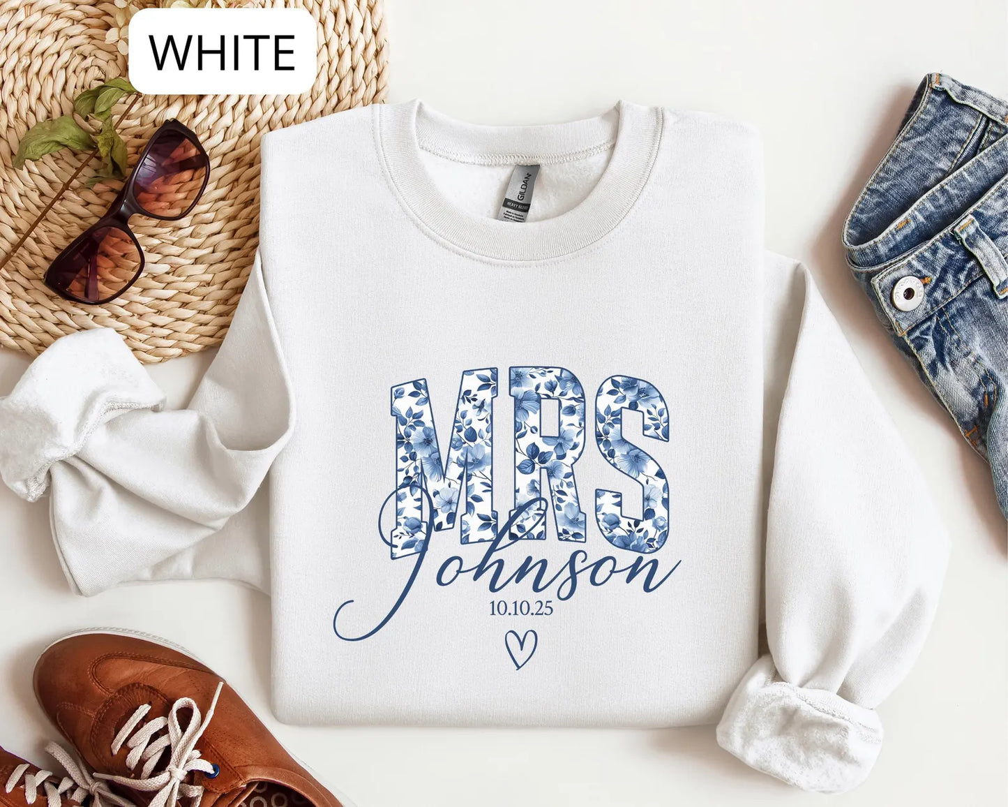 Personalized Mrs Sweatshirt with Date – Custom Last Name Bridal Crewneck, Blue Floral Bride Gift