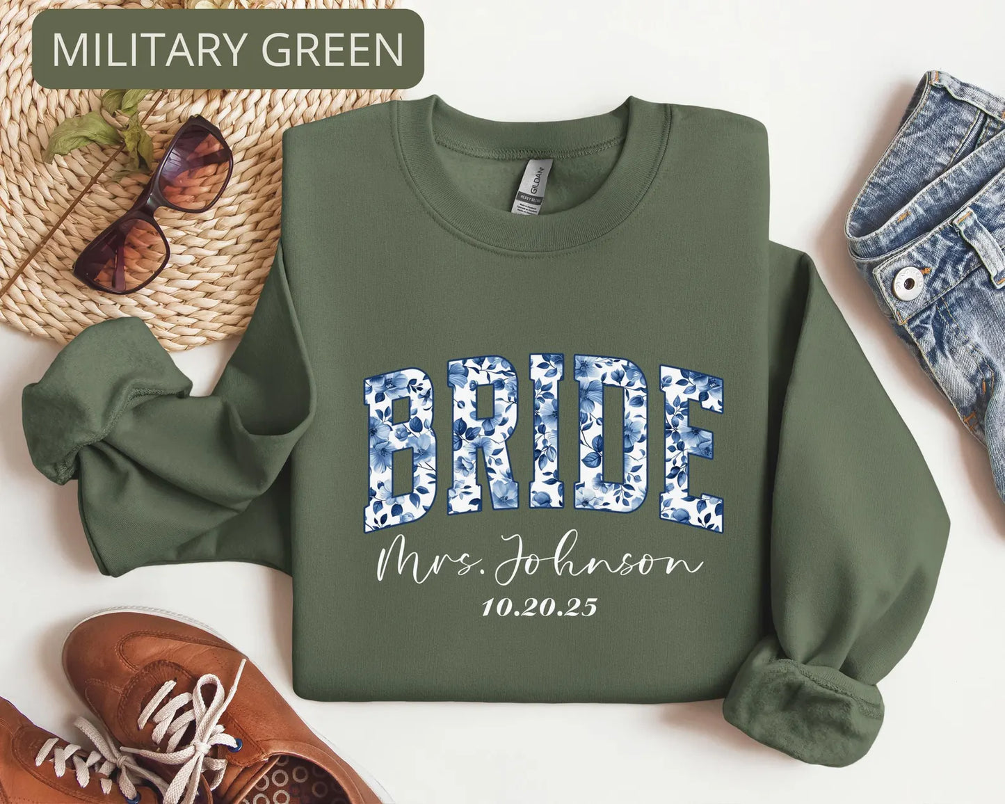Personalized Bride Sweatshirt – Custom Mrs Name Crewneck, Bridal Shower Gift with Wedding Date