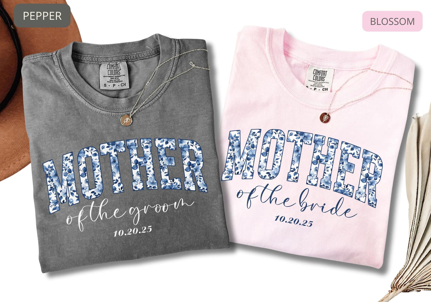 Comfort Colors Mother of the Groom Shirt – Blue Floral Bridal Party Tee, Wedding Gift with Custom Date