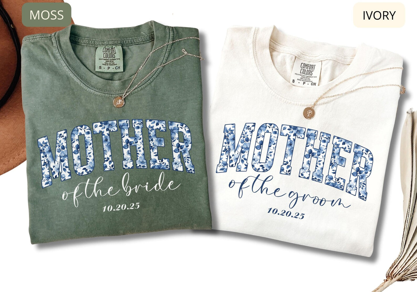 Comfort Colors Mother of the Groom Shirt – Blue Floral Bridal Party Tee, Wedding Gift with Custom Date