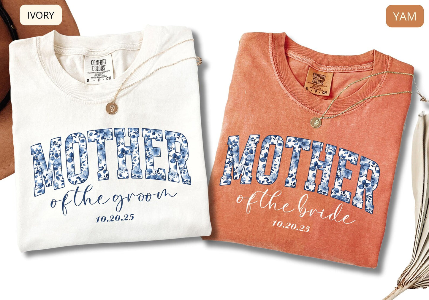 Comfort Colors Mother of the Groom Shirt – Blue Floral Bridal Party Tee, Wedding Gift with Custom Date