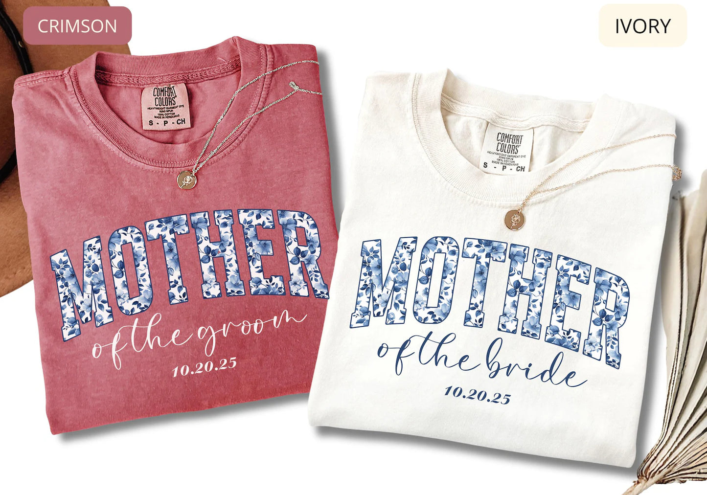 Comfort Colors Mother of the Groom Shirt – Blue Floral Bridal Party Tee, Wedding Gift with Custom Date