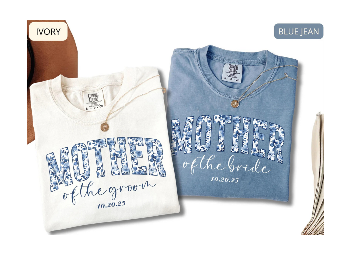 Comfort Colors Mother of the Groom Shirt – Blue Floral Bridal Party Tee, Wedding Gift with Custom Date