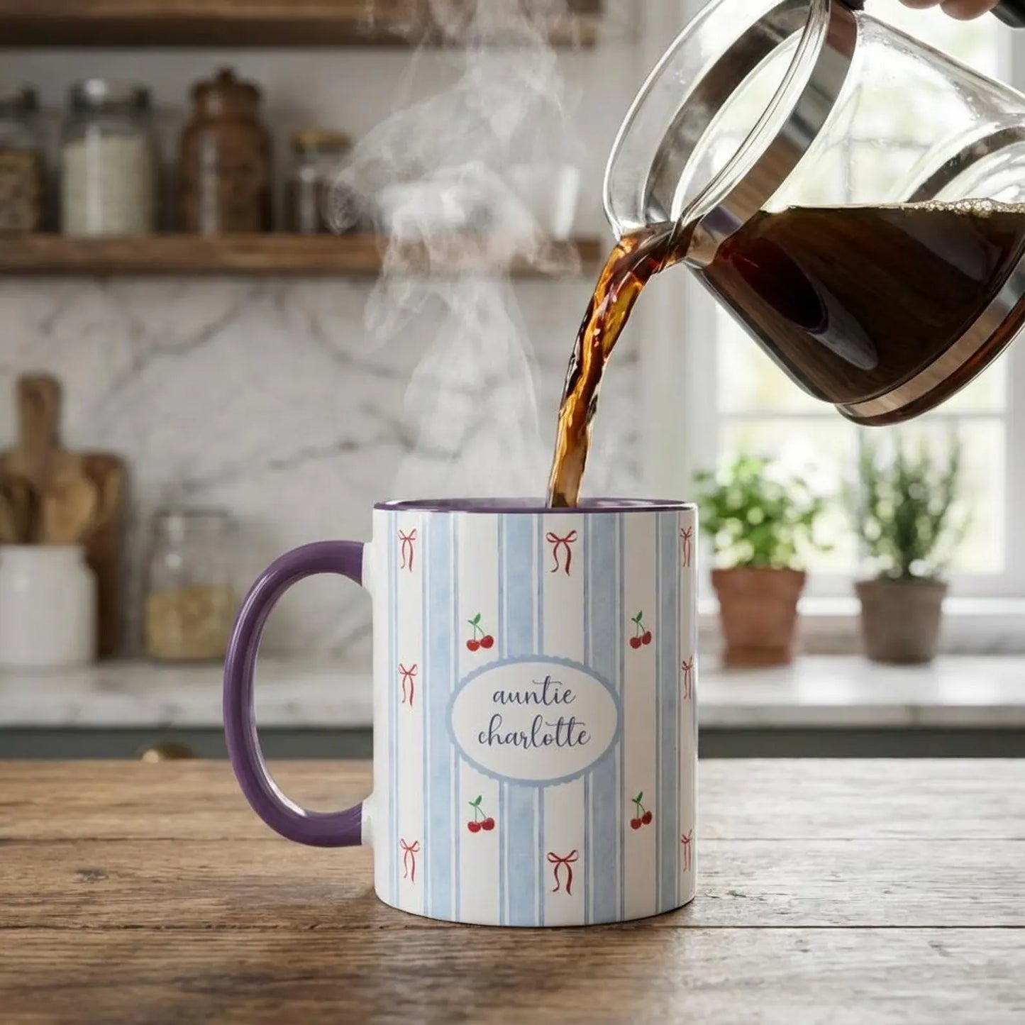 Personalized Auntie Mug with Name – Cherry Bow Coffee Cup, Pregnancy Reveal Gift for New Aunt