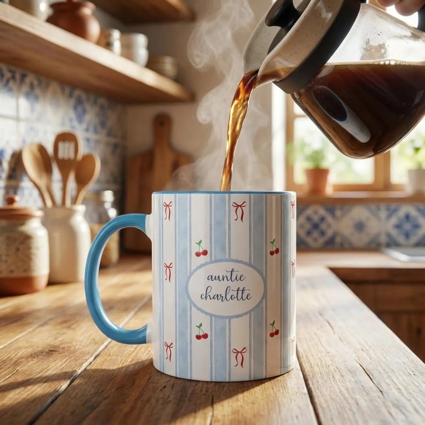 Personalized Auntie Mug with Name – Cherry Bow Coffee Cup, Pregnancy Reveal Gift for New Aunt