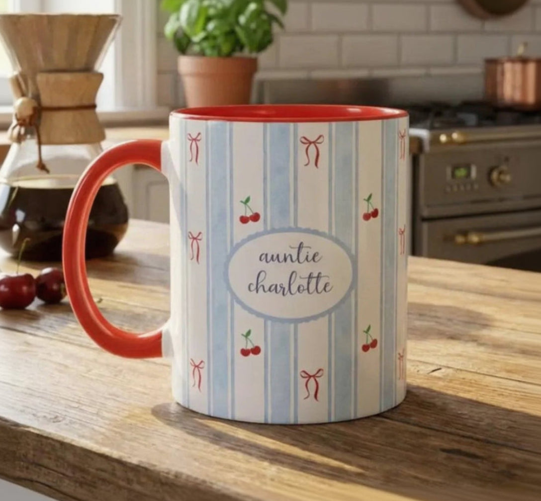 Personalized Auntie Mug with Name – Cherry Bow Coffee Cup, Pregnancy Reveal Gift for New Aunt