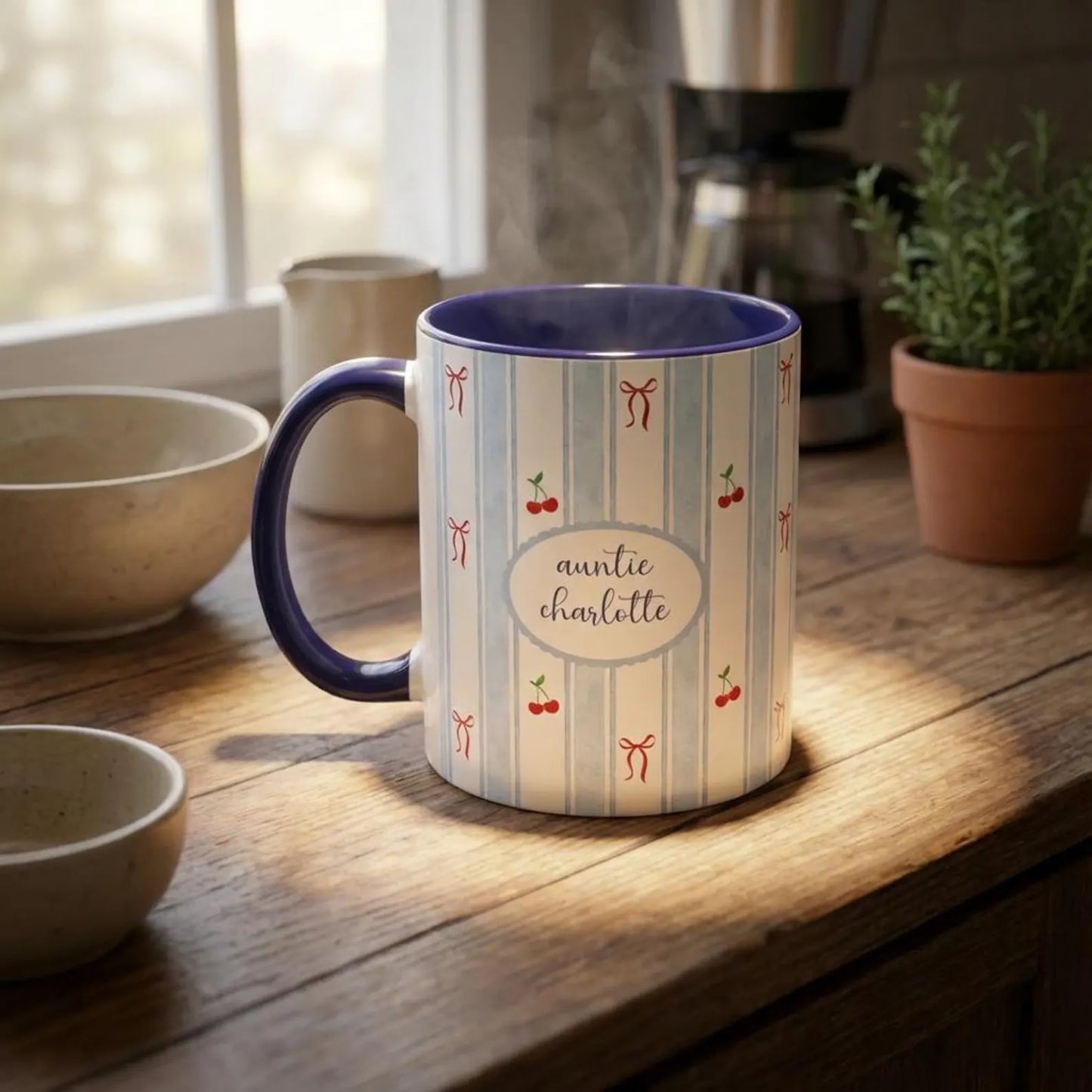 Personalized Auntie Mug with Name – Cherry Bow Coffee Cup, Pregnancy Reveal Gift for New Aunt