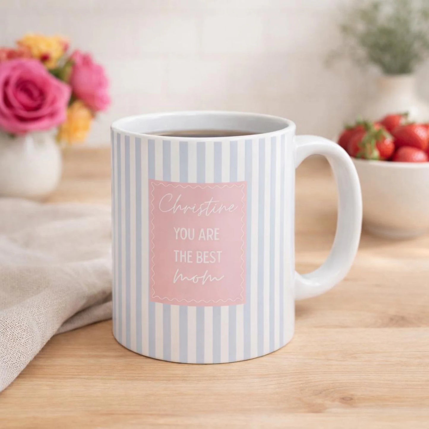 Personalized Mom Mug – Custom Name Coffee Cup, Pink Striped Mother’s Day Gift for Mom