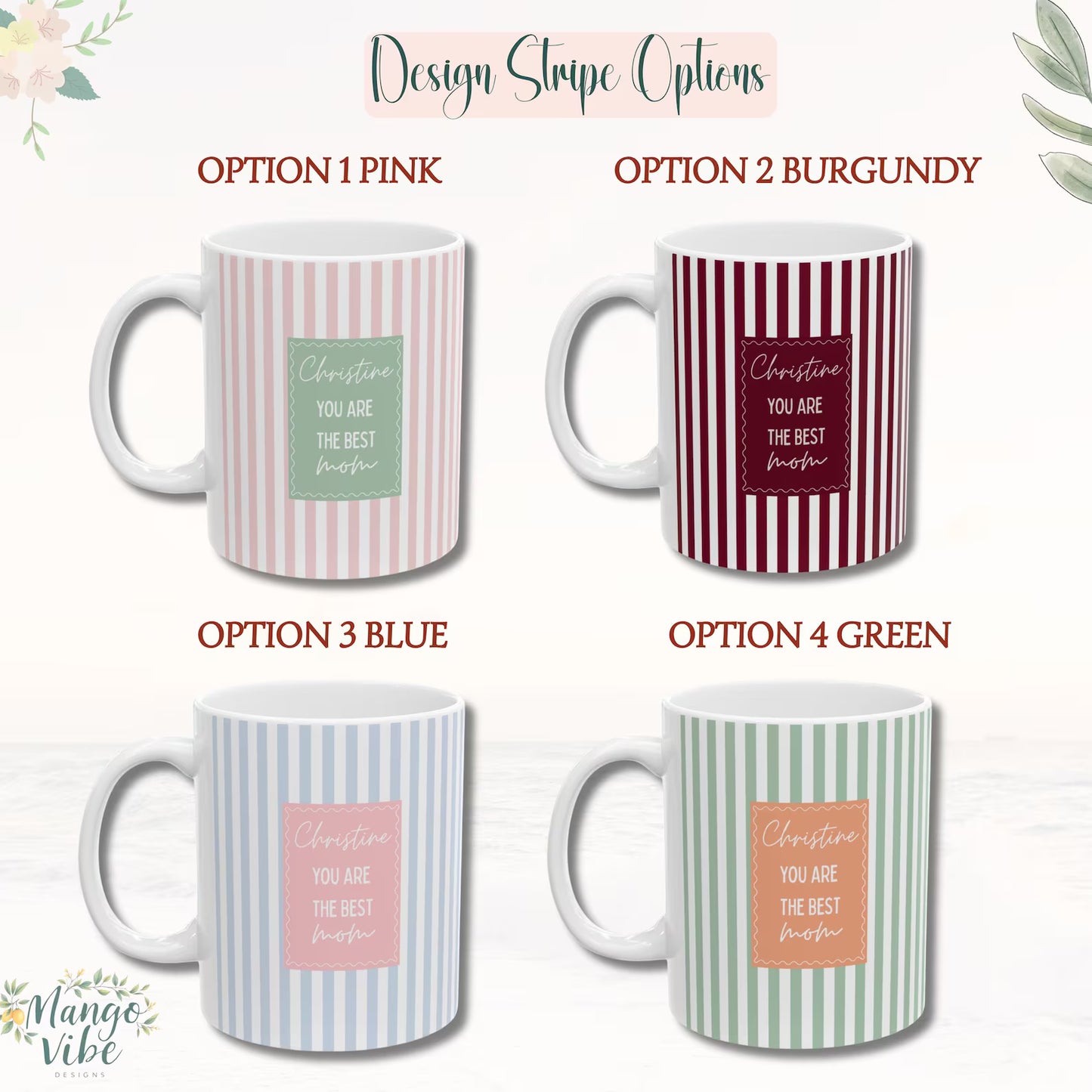 Personalized Mom Mug – Custom Name Coffee Cup, Pink Striped Mother’s Day Gift for Mom