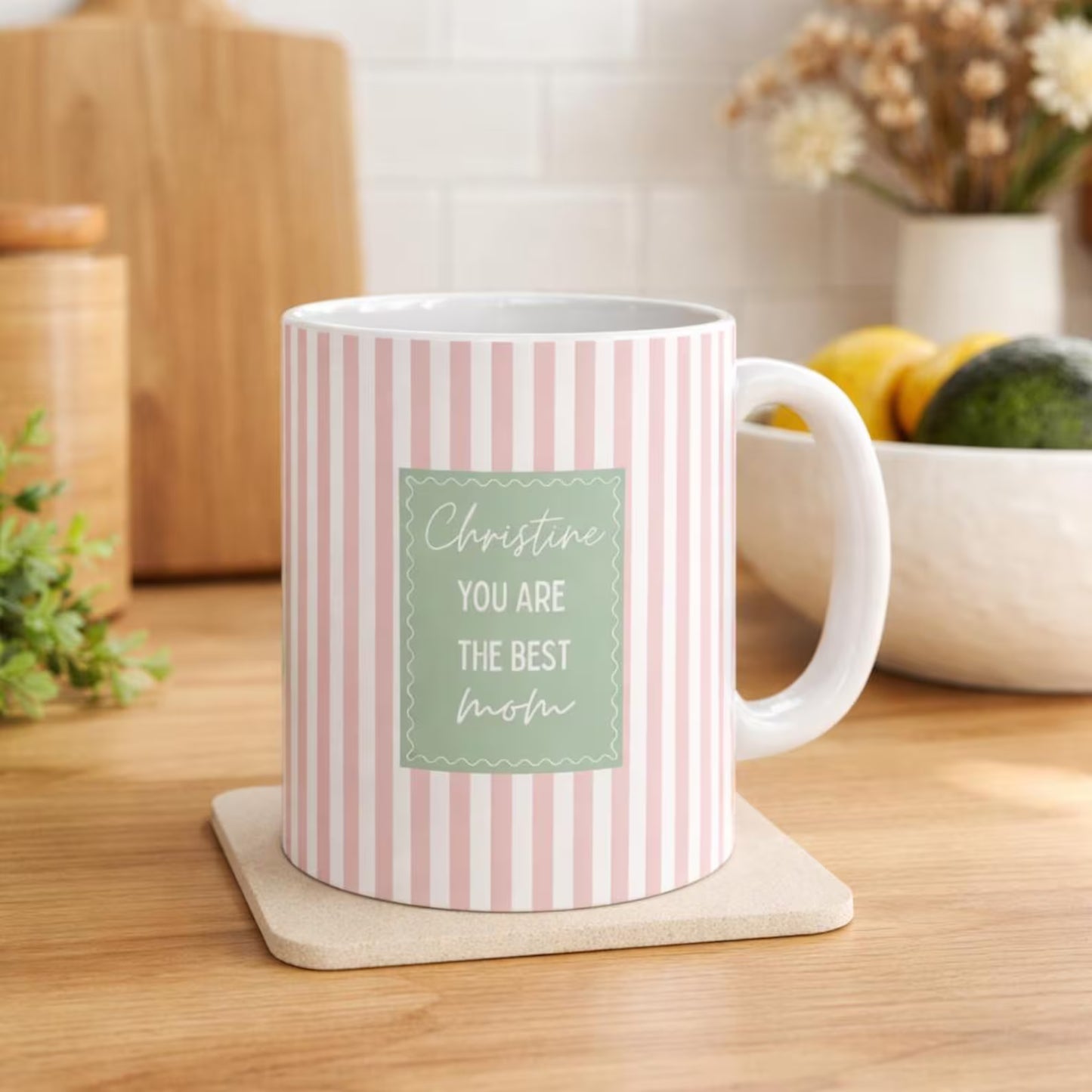 Personalized Mom Mug – Custom Name Coffee Cup, Pink Striped Mother’s Day Gift for Mom