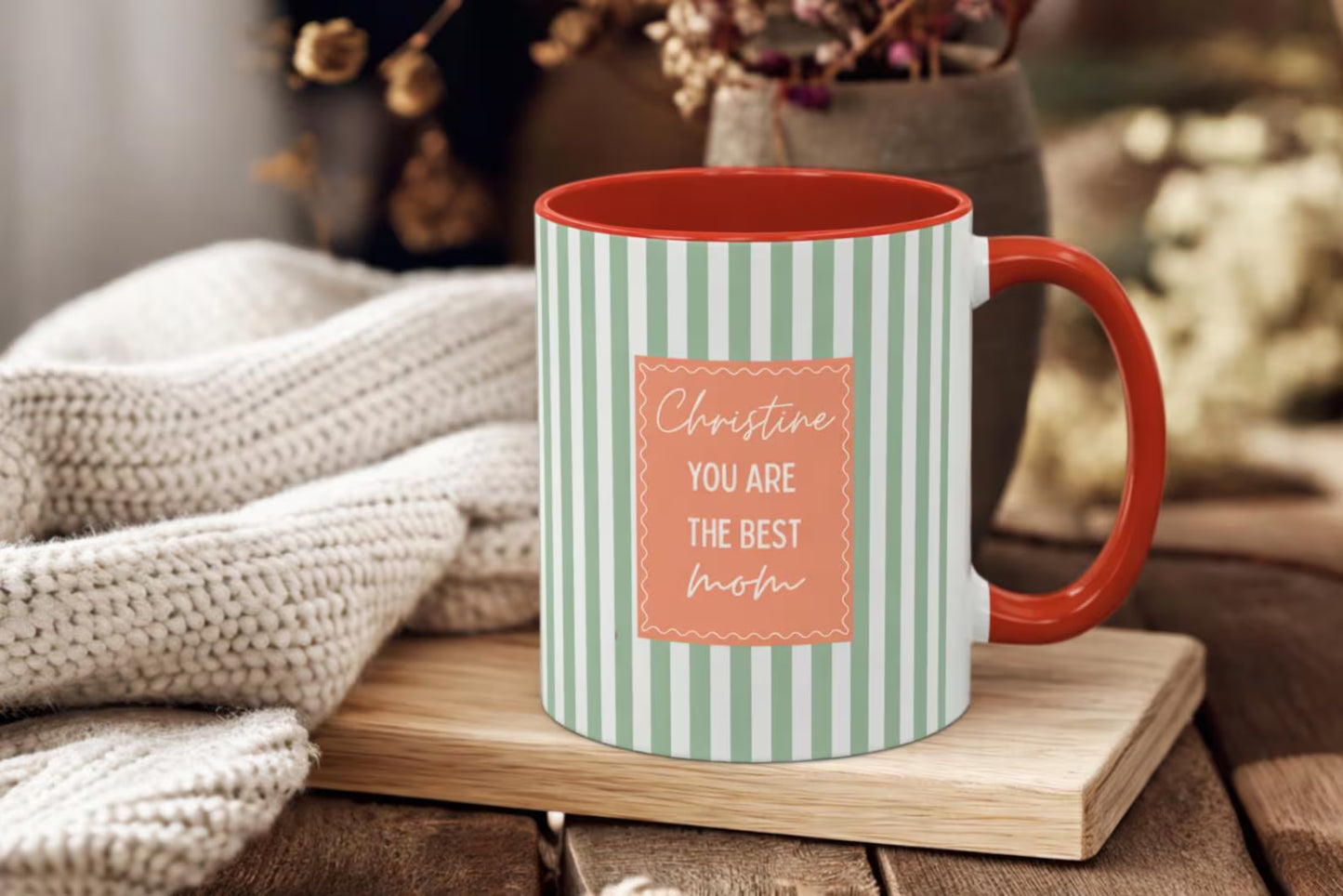 Personalized Mom Mug – Custom Name Coffee Cup, Pink Striped Mother’s Day Gift for Mom