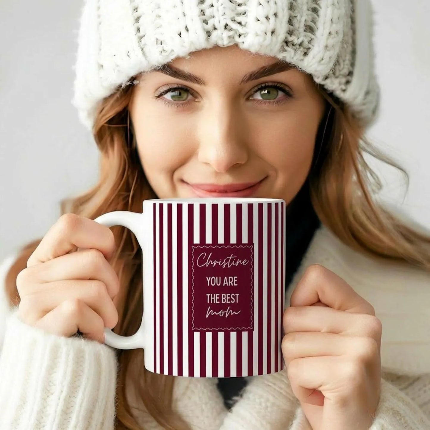 Personalized Mom Mug – Custom Name Coffee Cup, Pink Striped Mother’s Day Gift for Mom