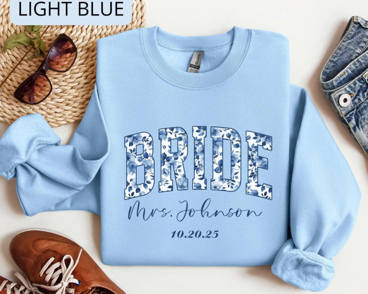 Personalized Bride Sweatshirt – Custom Mrs Name Crewneck, Bridal Shower Gift with Wedding Date