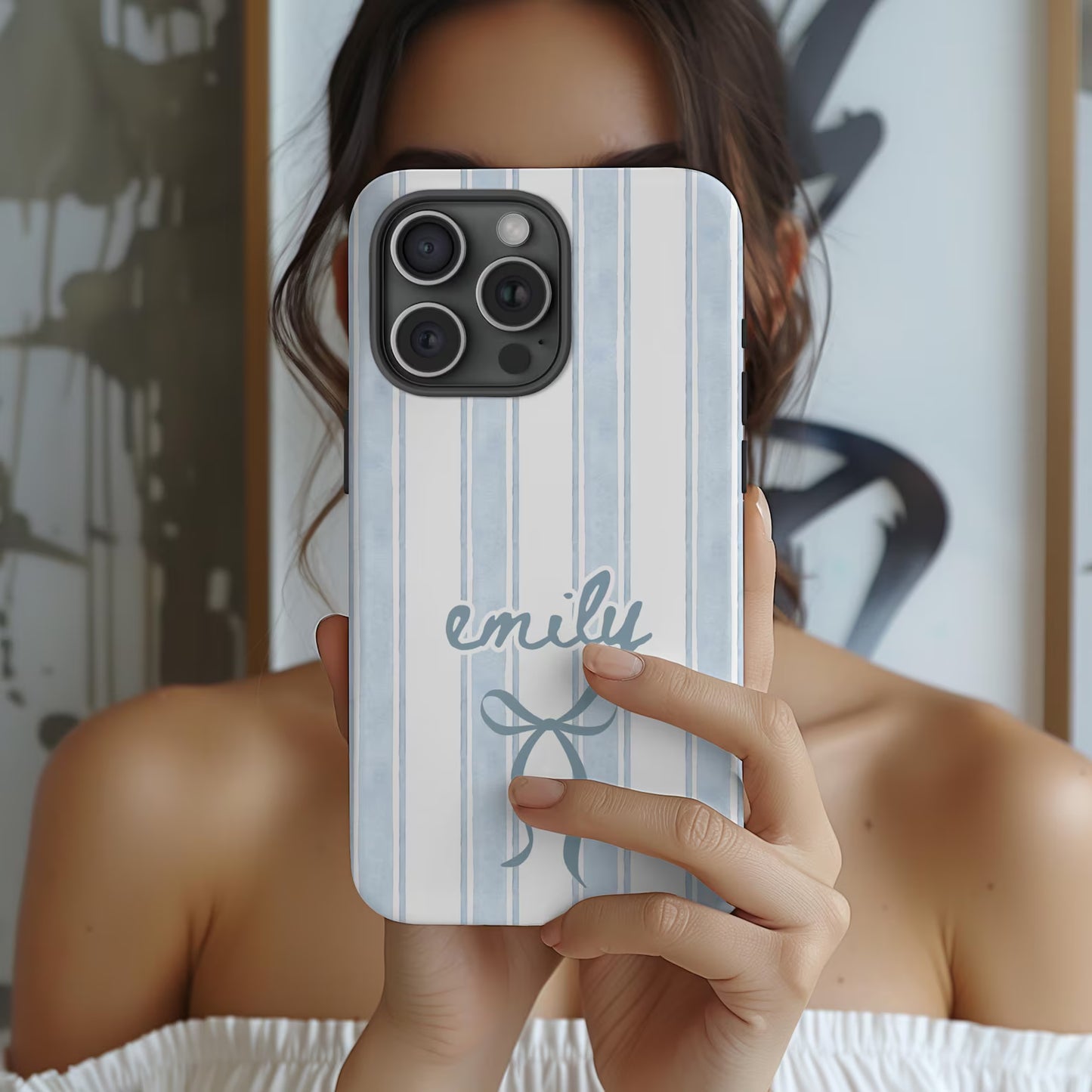Personalized Name iPhone Case – Blue Stripe Coquette Phone Case with Bow, Preppy Aesthetic Phone Cover