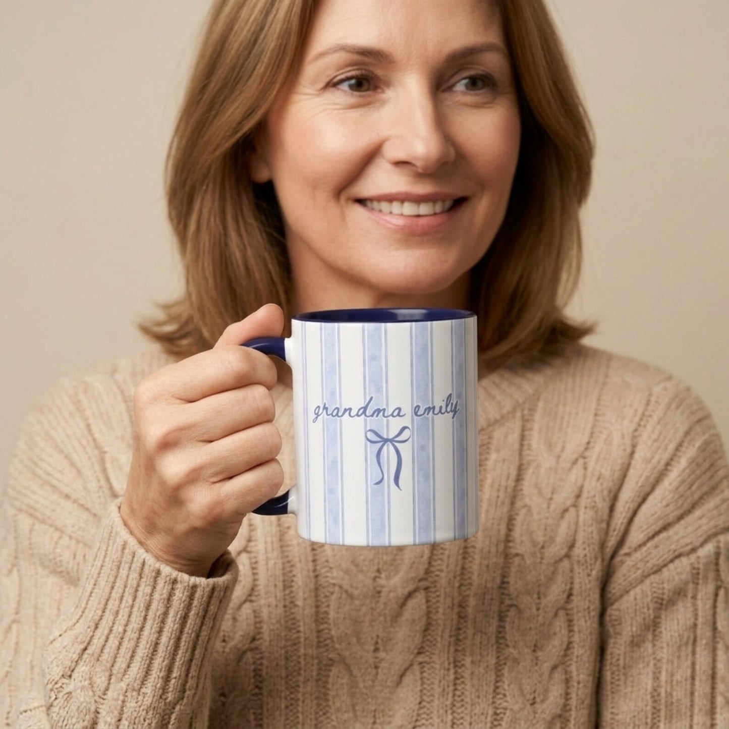 Personalized Grandma Mug – Custom Name Striped Bow Coffee Mug Gift