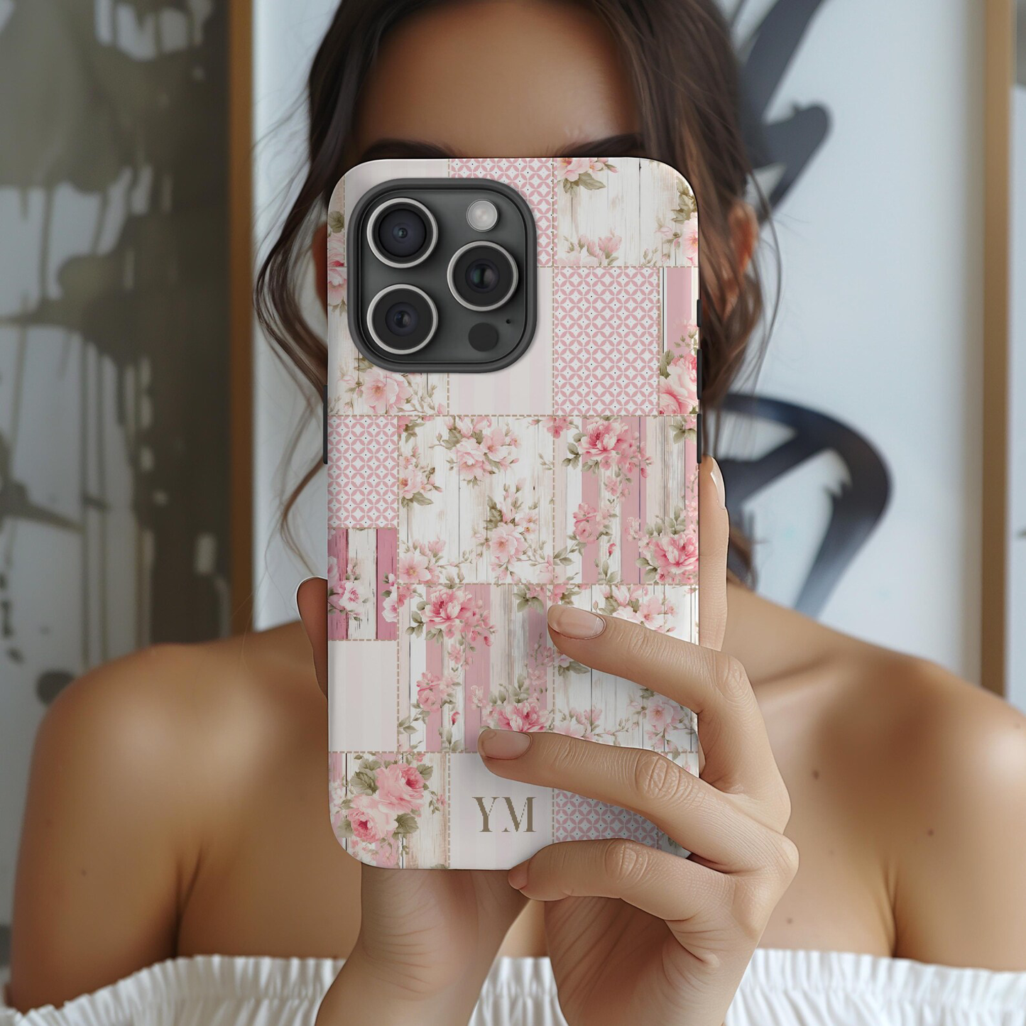 Personalized Floral Patchwork iPhone Case – Vintage Pink Cottagecore Phone Cover with Custom Initial