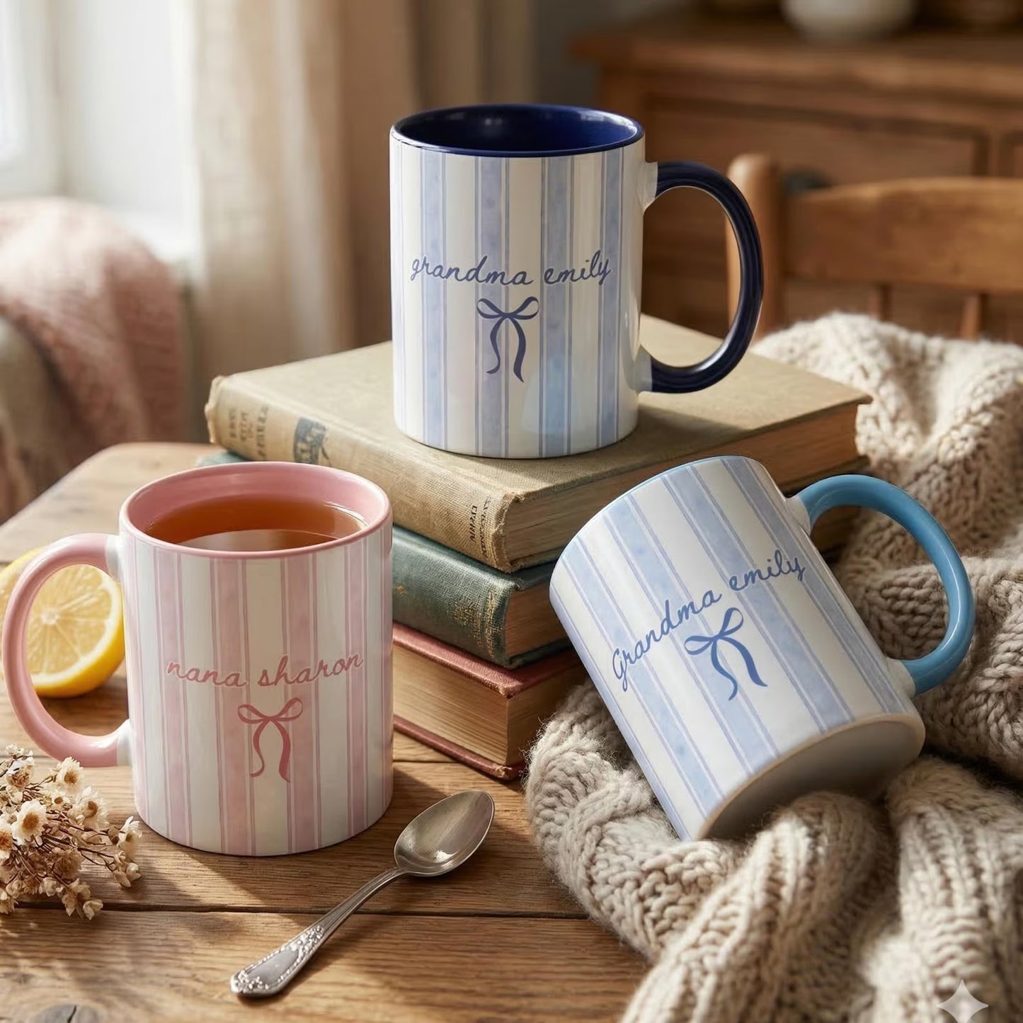 Personalized Grandma Mug – Custom Name Striped Bow Coffee Mug Gift