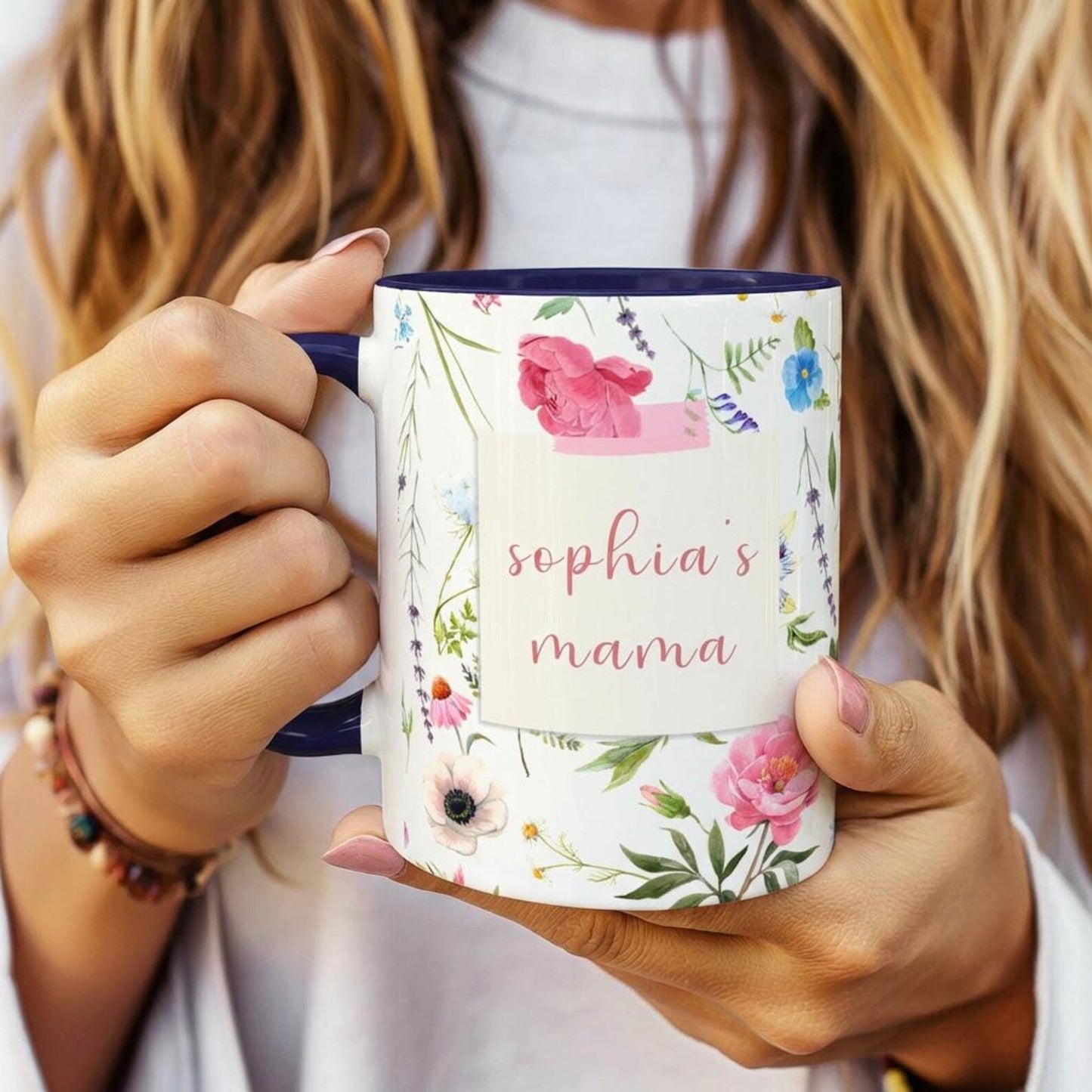 Personalized Mama Mug with Child Name – Floral Pink Coffee Mug, Custom Mother’s Day Gift for Mom
