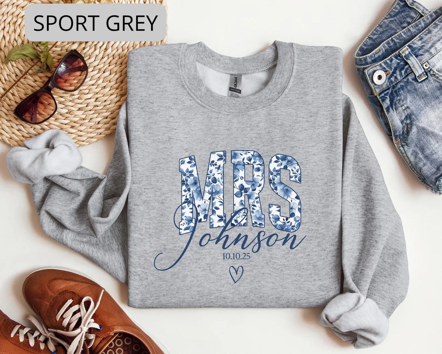 Personalized Mrs Sweatshirt with Date – Custom Last Name Bridal Crewneck, Blue Floral Bride Gift