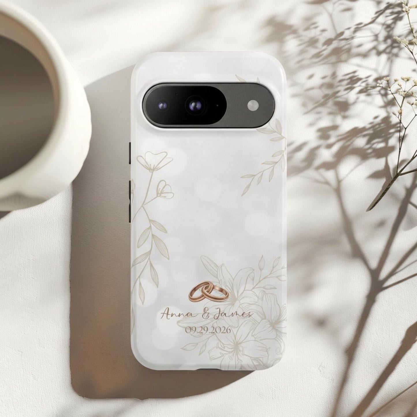 Personalized Wedding iPhone Case – Custom Names & Date Phone Cover, Minimalist Floral Couple Gift