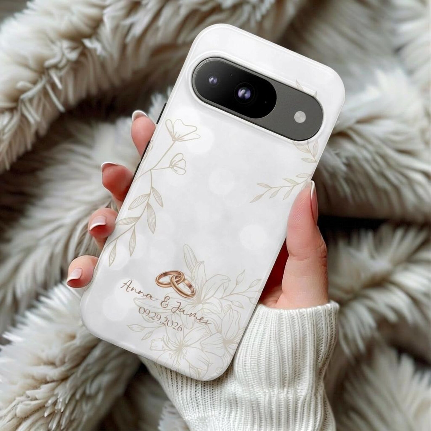 Personalized Wedding iPhone Case – Custom Names & Date Phone Cover, Minimalist Floral Couple Gift