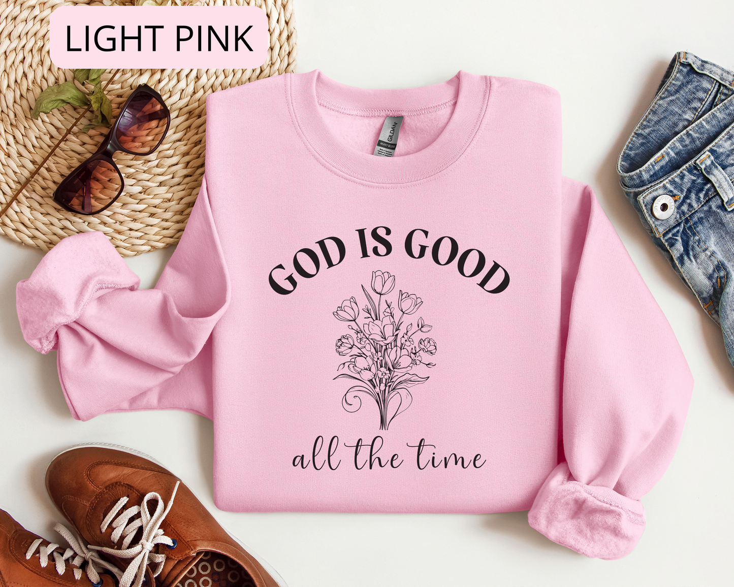 God Is Good Floral Script Sweatshirt – Minimalist Faith Typography Religious Crewneck