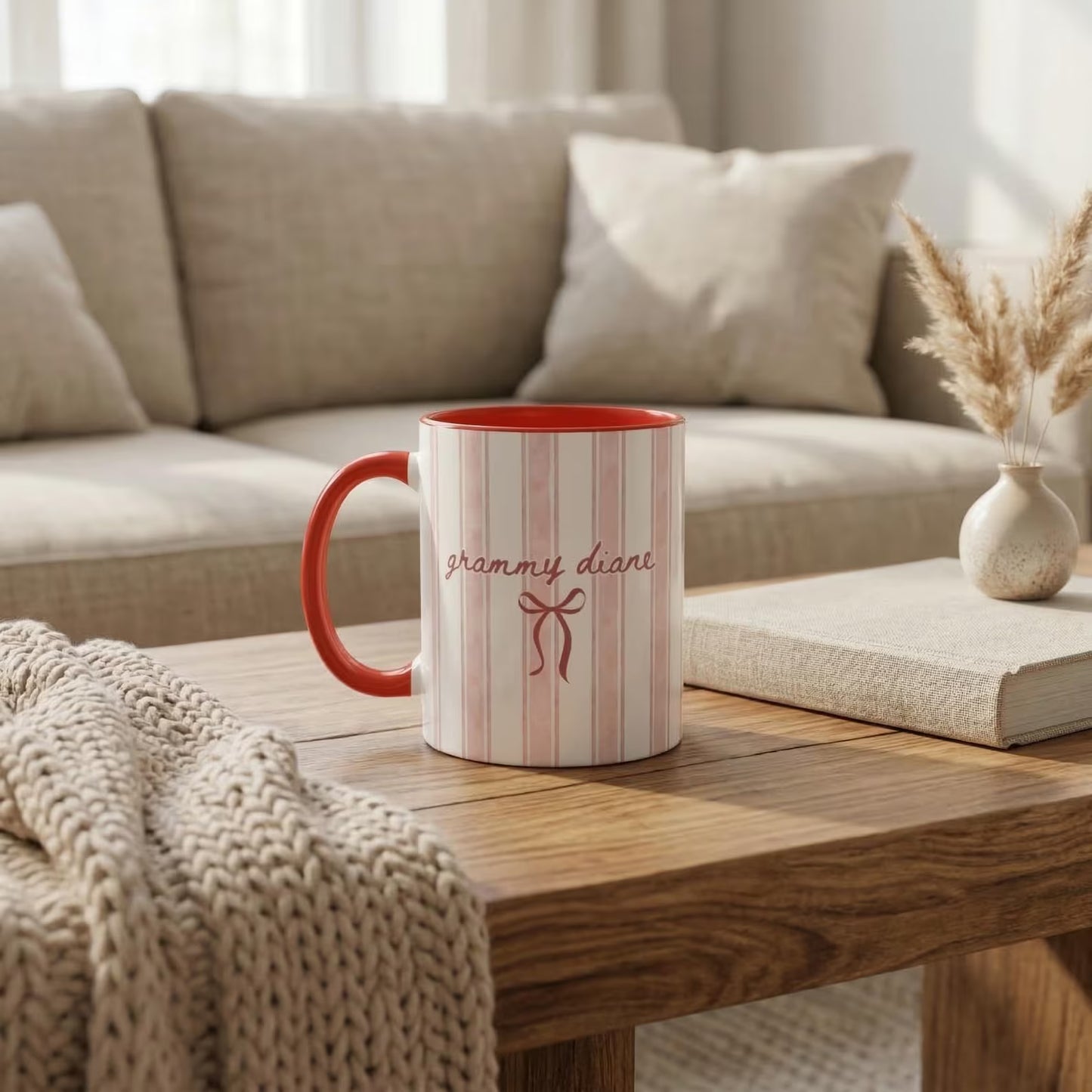 Personalized Grandma Mug – Custom Name Striped Bow Coffee Mug Gift