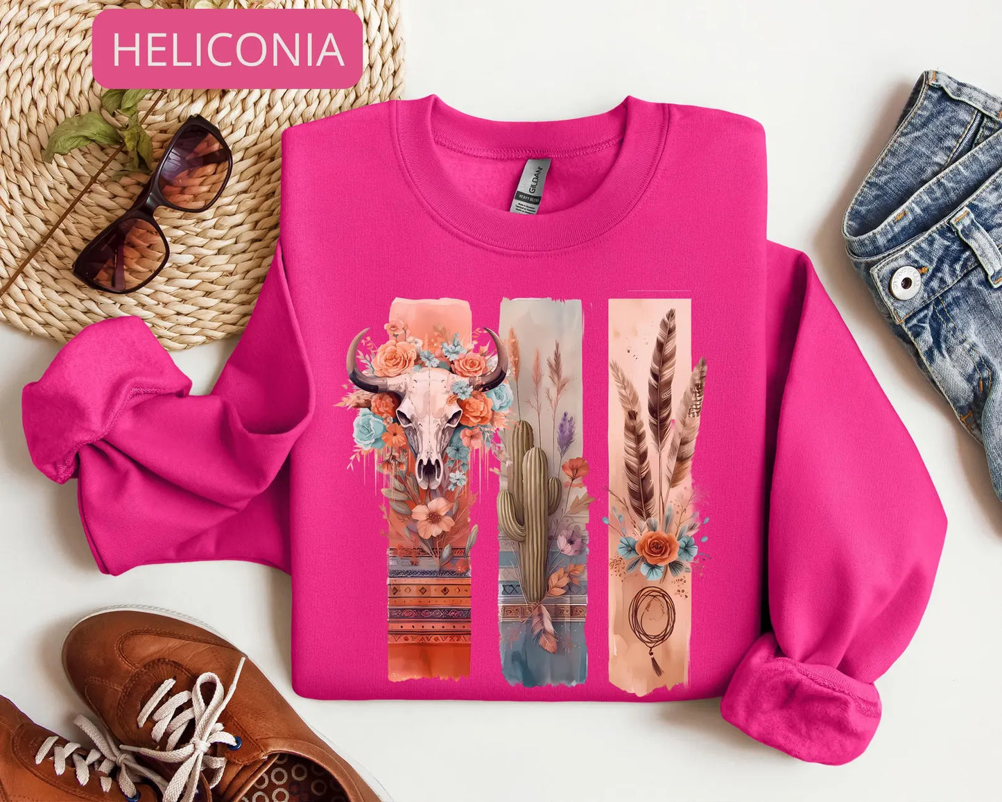 Boho Western Cow Skull Sweatshirt – Desert Cactus Floral Graphic Crewneck for Women