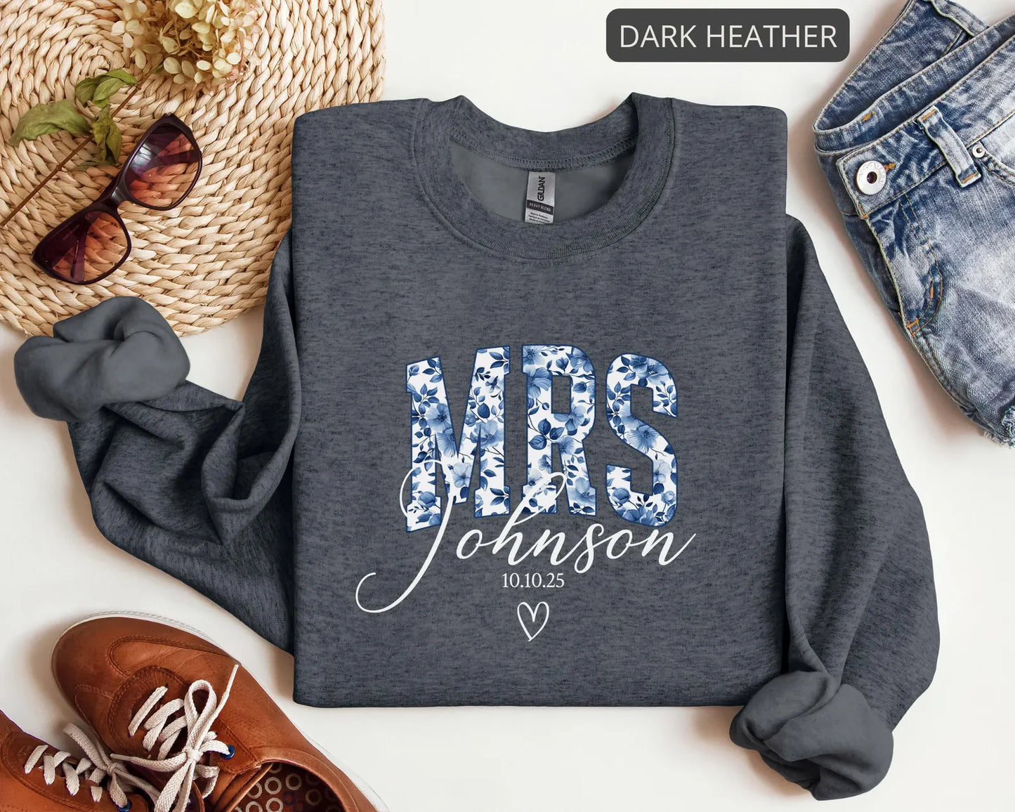 Personalized Mrs Sweatshirt with Date – Custom Last Name Bridal Crewneck, Blue Floral Bride Gift