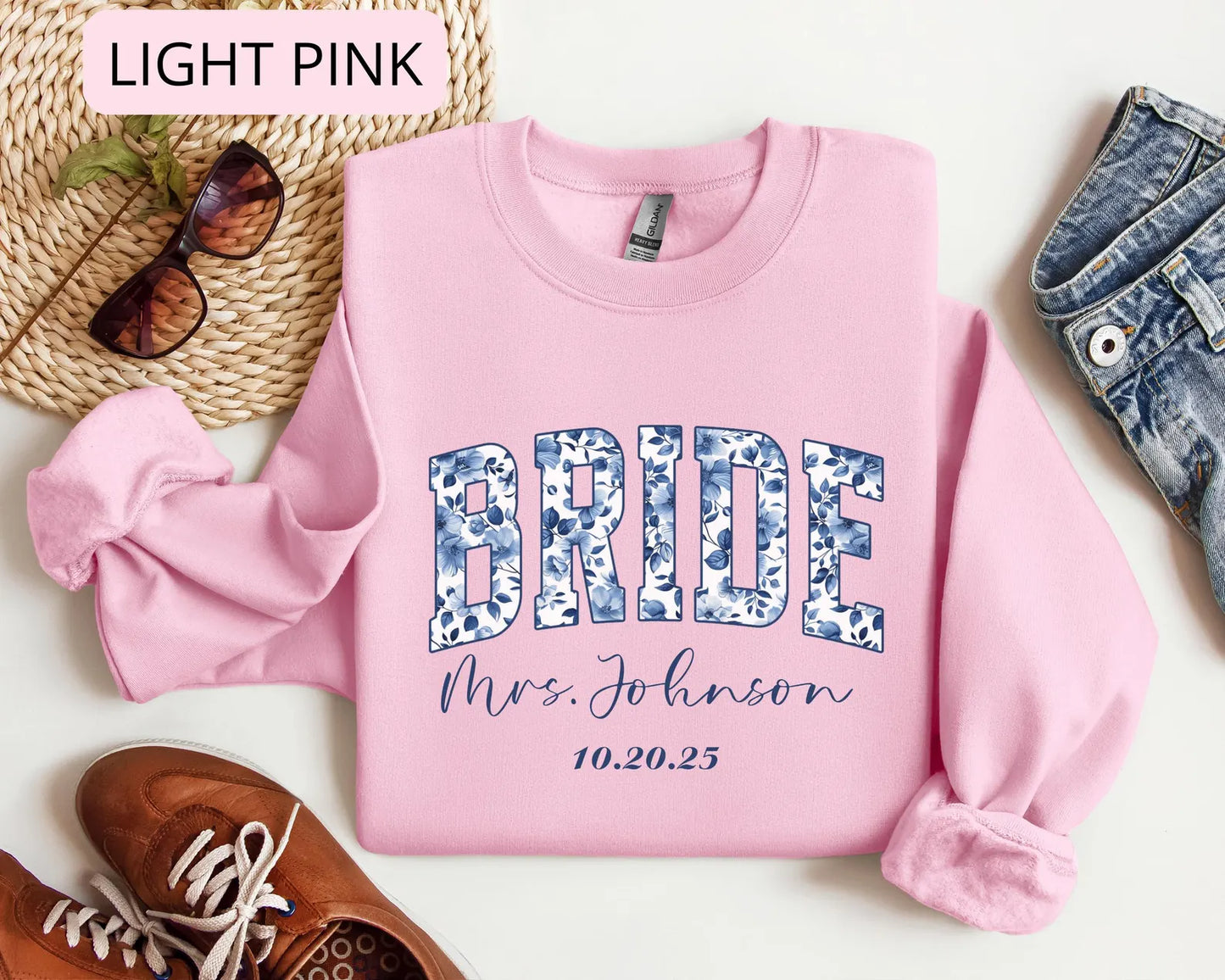 Personalized Bride Sweatshirt – Custom Mrs Name Crewneck, Bridal Shower Gift with Wedding Date