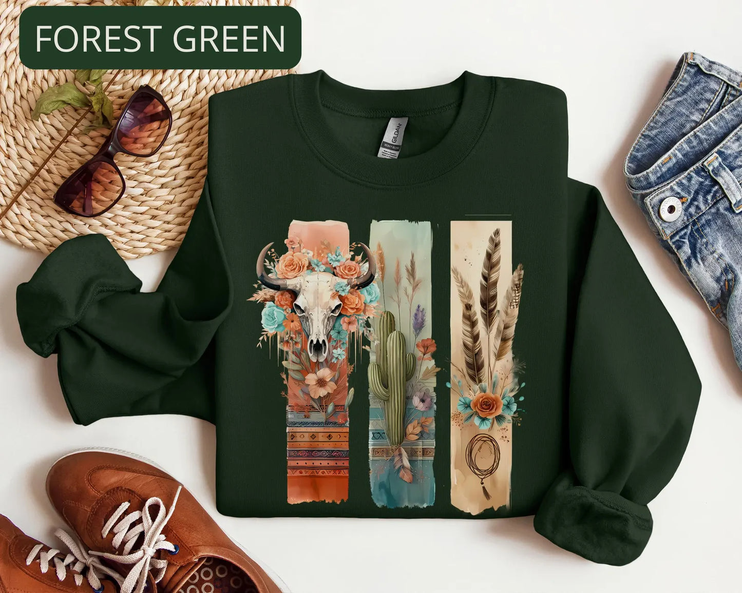 Boho Western Cow Skull Sweatshirt – Desert Cactus Floral Graphic Crewneck for Women